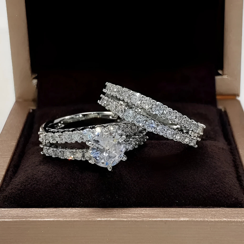 2-in-1 fully-jewelled female ring set in geometric design with diamond detailing, shown in silver, gold, and rose gold finishes