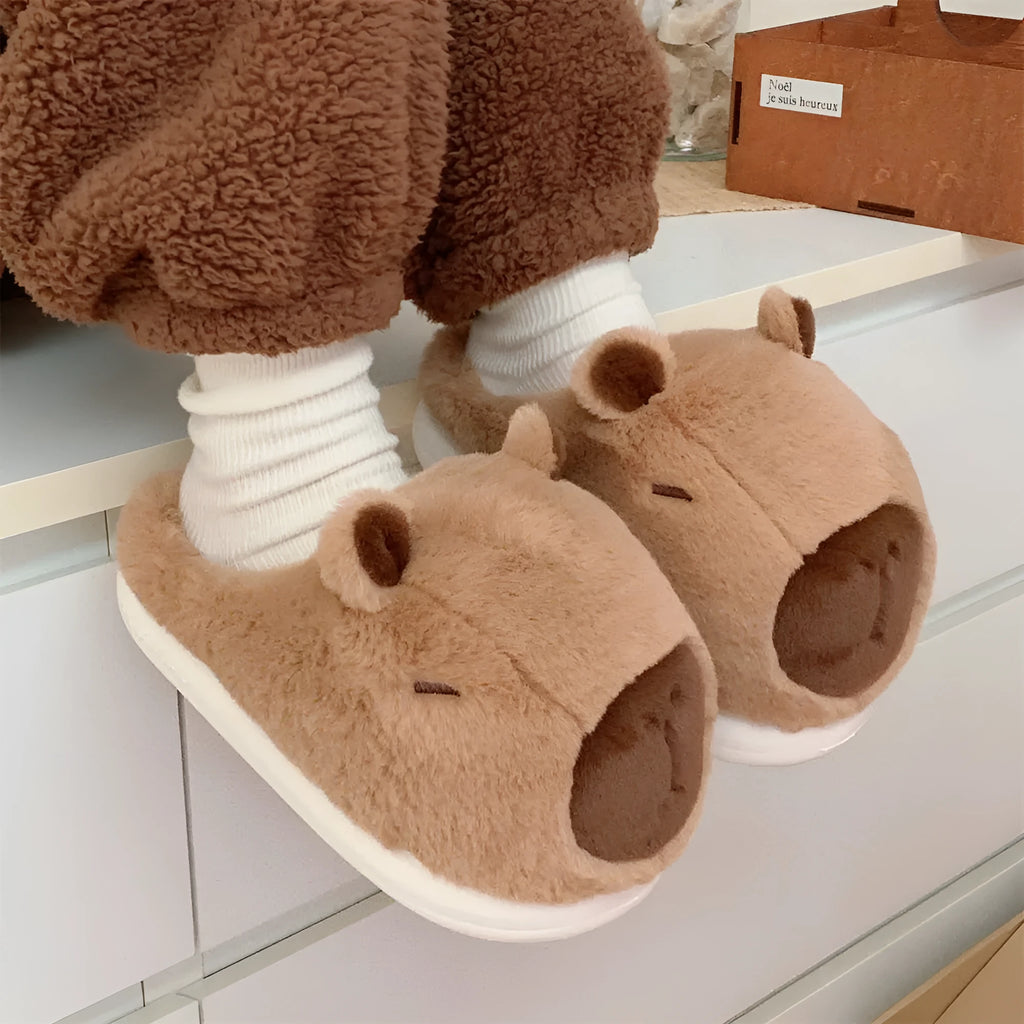 Cute cartoon Capabala cotton slippers with suede upper and EVA sole in brown and pink for indoor use
