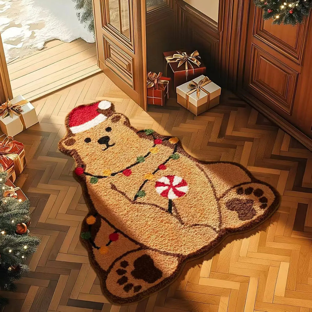Christmas-themed polyester hallway mat with festive Santa Claus design and non-slip backing