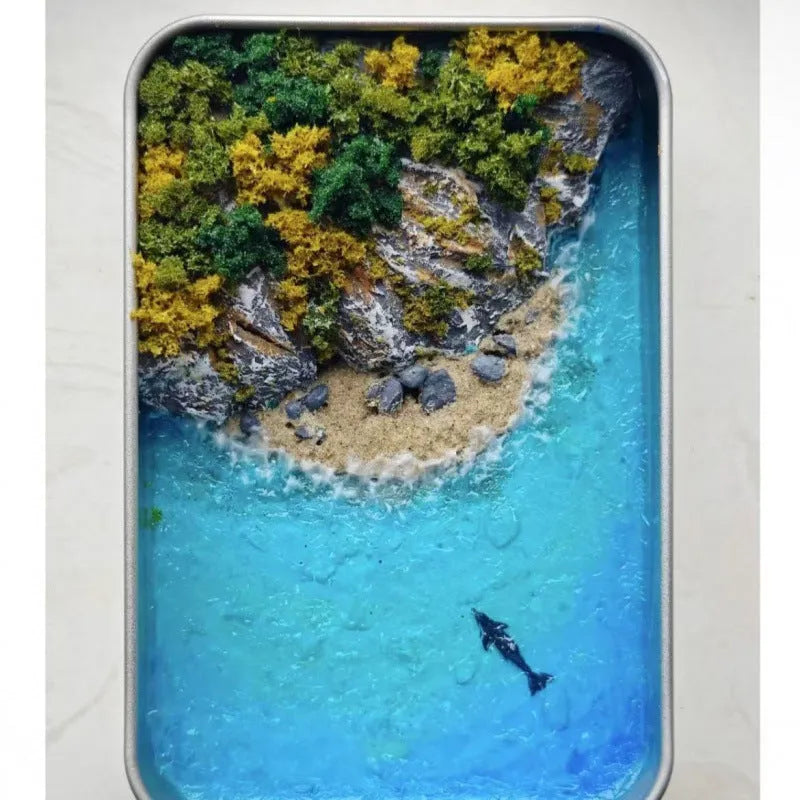 DIY marine landscape handmade model ornament with bamboo construction on iron box peninsula base