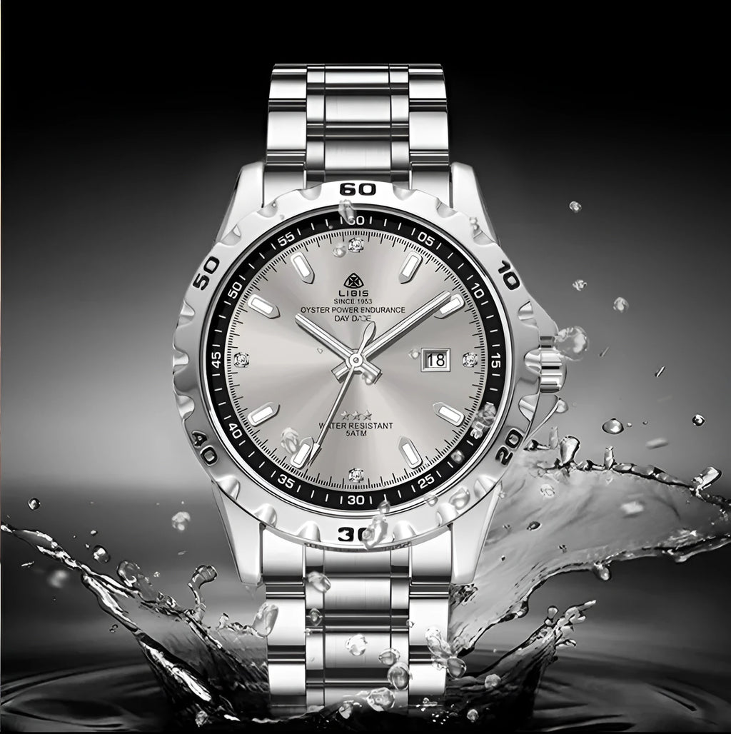 Silver case quartz watch with stainless steel strap and luminous waterproof features