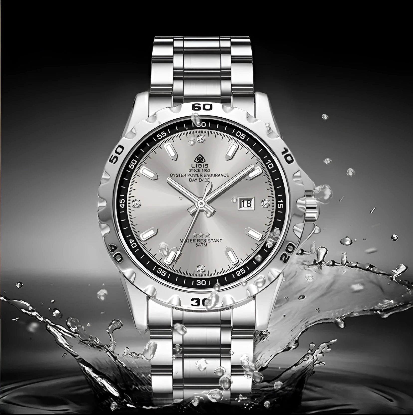 Silver case quartz watch with stainless steel strap and luminous waterproof features