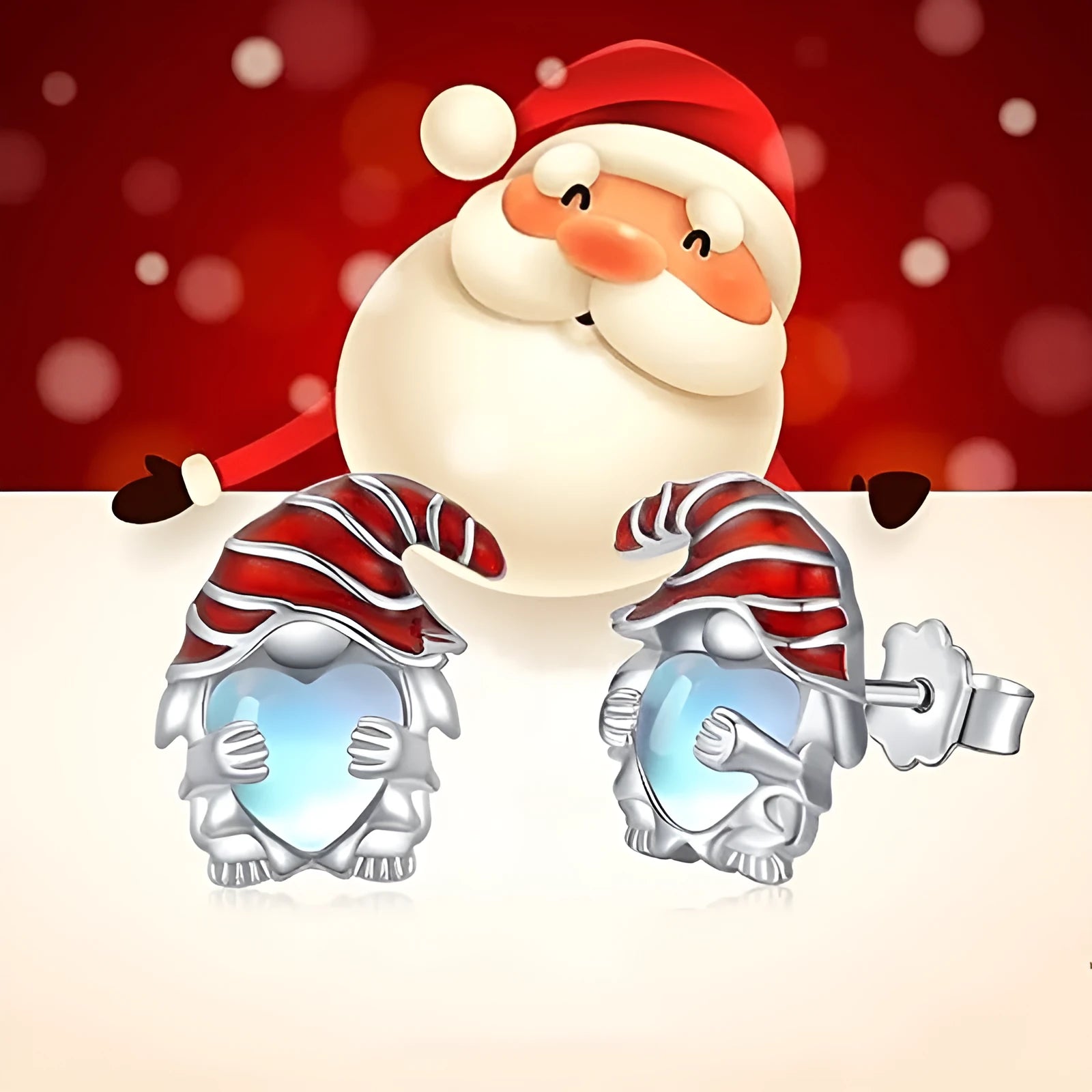 Women's cute Santa Claus design heart-shaped earrings in electroplated white gold colour.