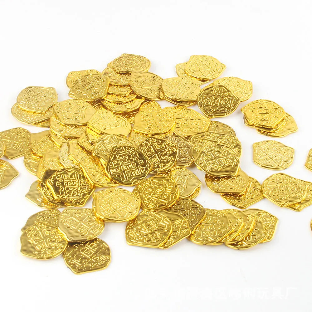Set of 100 electroplated plastic Roman coins in a pile, showing gold, silver, and bronze metallic finishes.