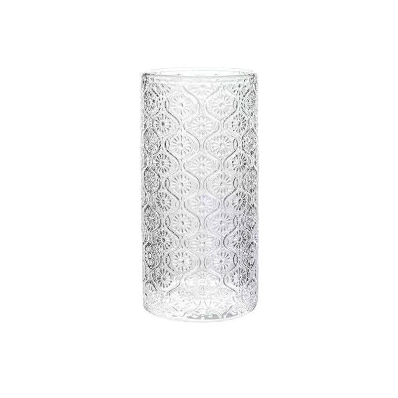 A solid colour begonia patterned glass water cup shown in both tall 380ml and short 250ml sizes.