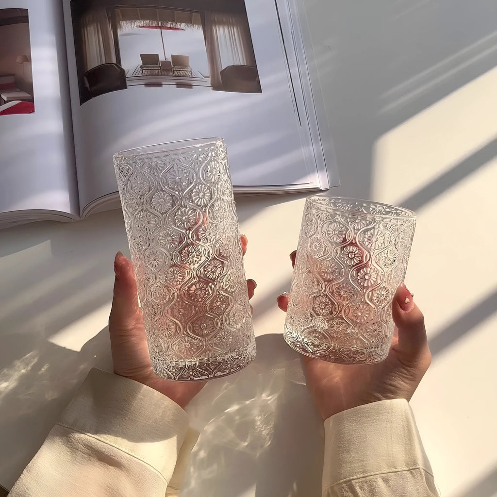 A solid colour begonia patterned glass water cup shown in both tall 380ml and short 250ml sizes.