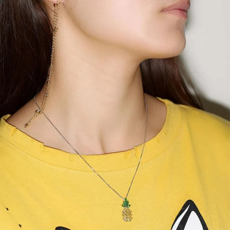 Silver plated Korean fashion necklace with geometric pineapple diamond pendant for women.