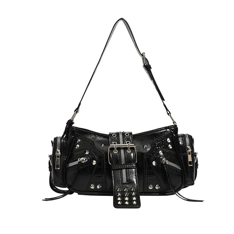 Black retro dumpling-shaped shoulder handbag with oil wax leather finish and external pocket