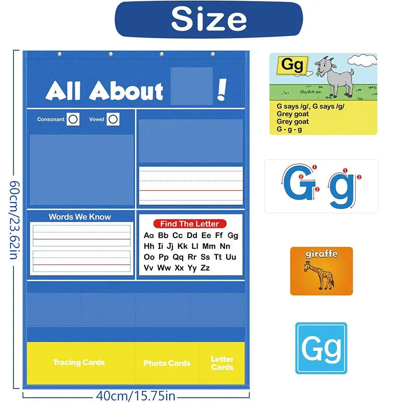Alphabet learning chart with letter cards, word cards, and picture cards laid out on a table.