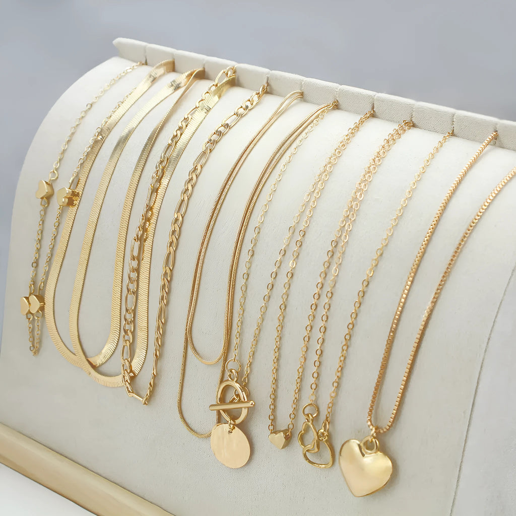10-piece gold electroplated women's necklace set with simple alloy pendants on snake bone chains