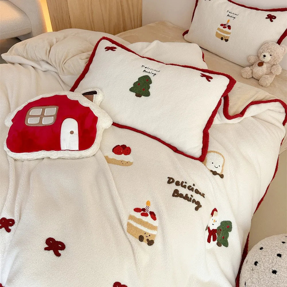 Winter Christmas cartoon bedding four-piece set with heart pattern on polyester fabric