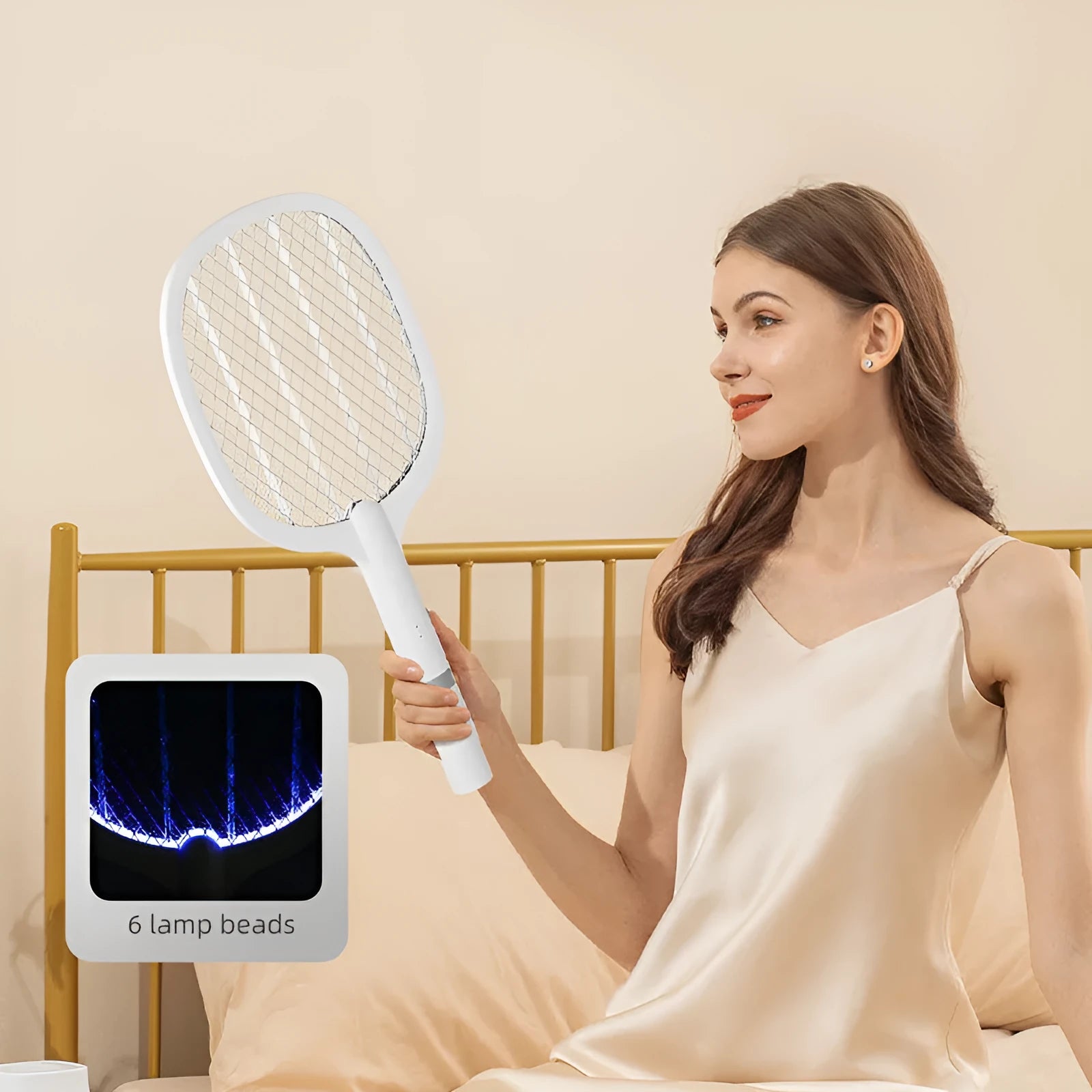 Rechargeable electric mosquito swatter with USB port and colour-coded handles for indoor insect control
