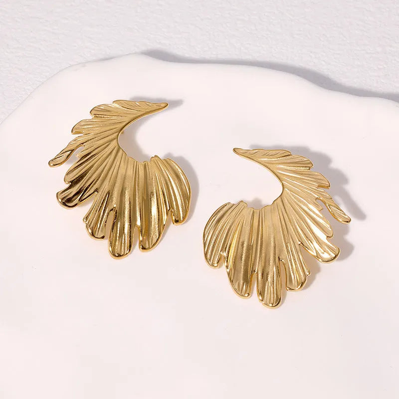 Stainless steel leaf-shaped stud earrings in gold and steel colour options