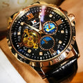 Automatic mechanical watch with hollow dial, rose gold case, black leather strap
