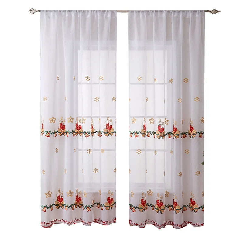 American Christmas curtain with embroidered snowflake design in red and white colour scheme