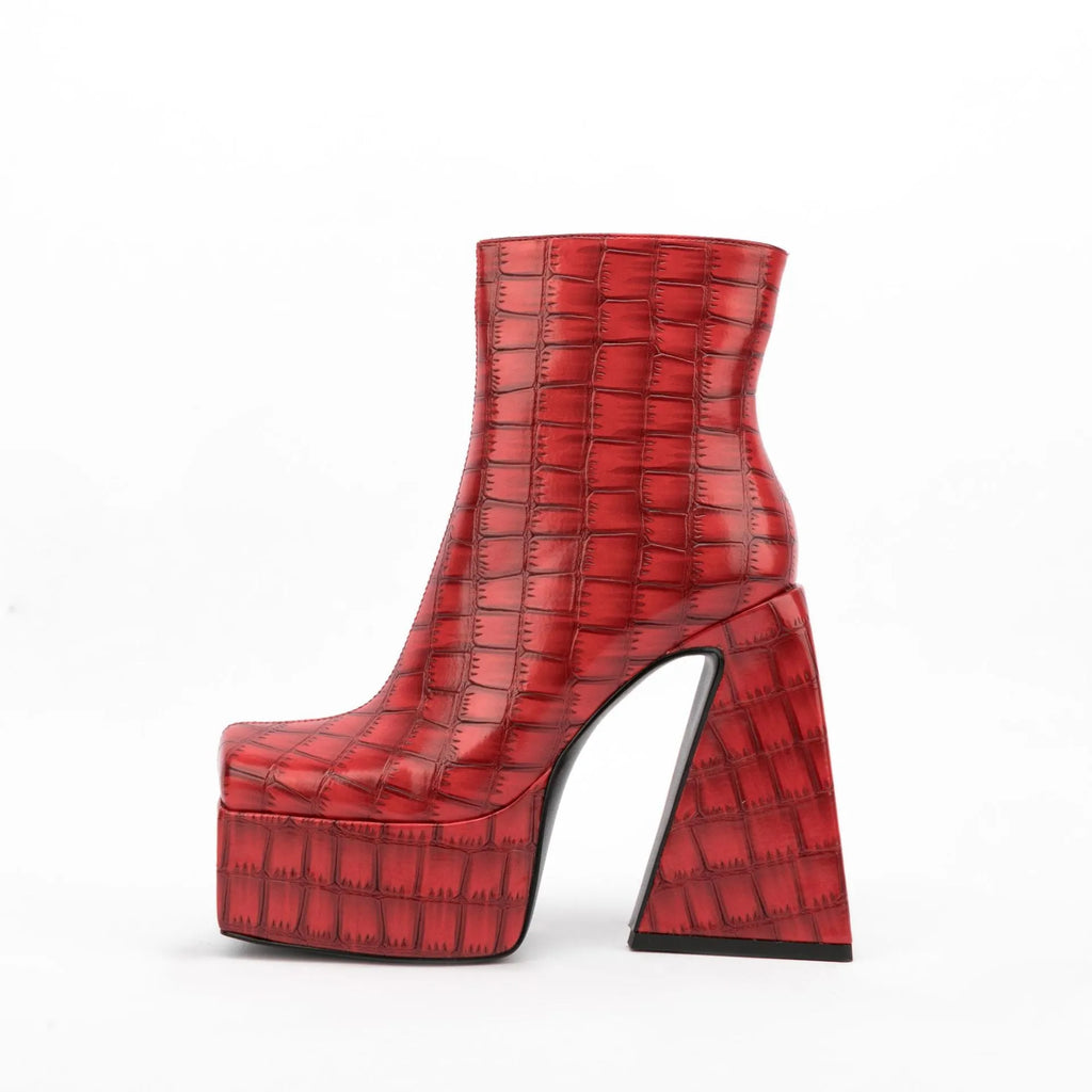 Women's ankle boots in artificial PU leather with a super high heel, shown in red, green, black, beige, and brown colours.
