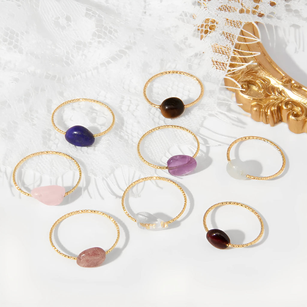 Women's original geometric agate ring in a selection of eight colours on a plain background.