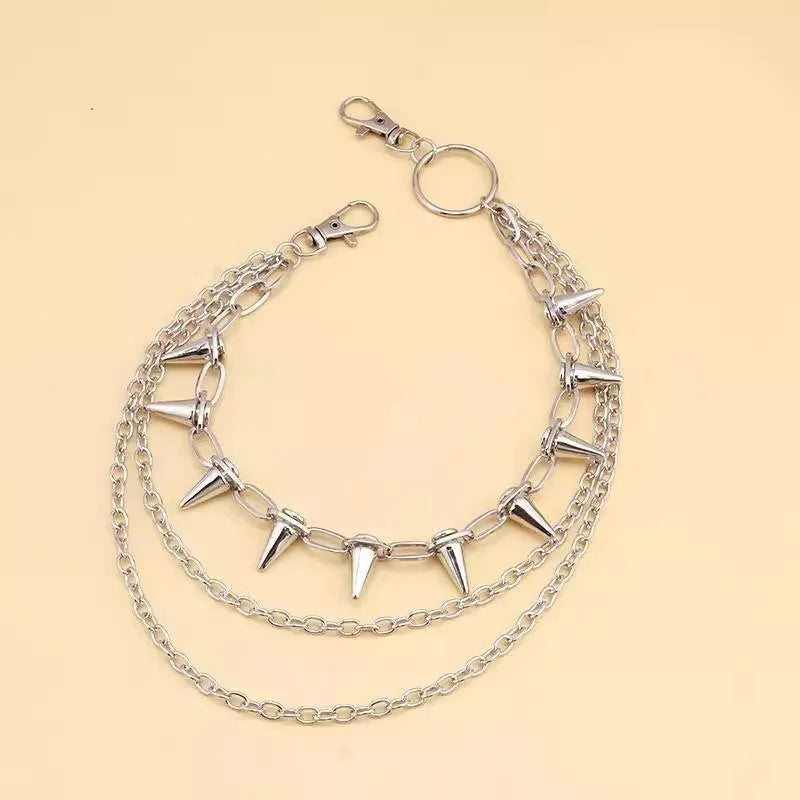 Silver metal trousers chain with double layers, zipper detail and rivet accents on 115cm adjustable chain
