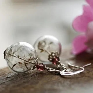 Transparent 16mm glass ball earrings with dandelion seed design on silver French hooks