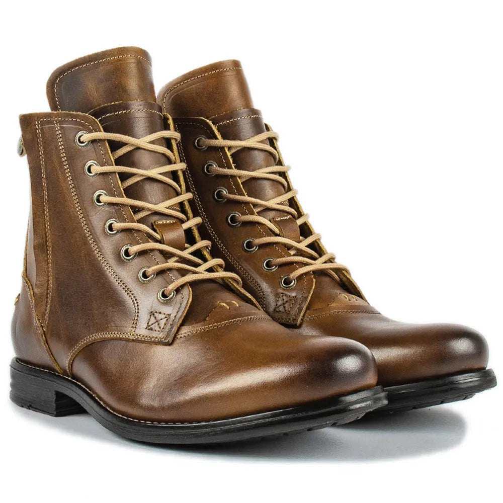 Knight Series black and brown men's leather ankle boots with side zipper and low heel.