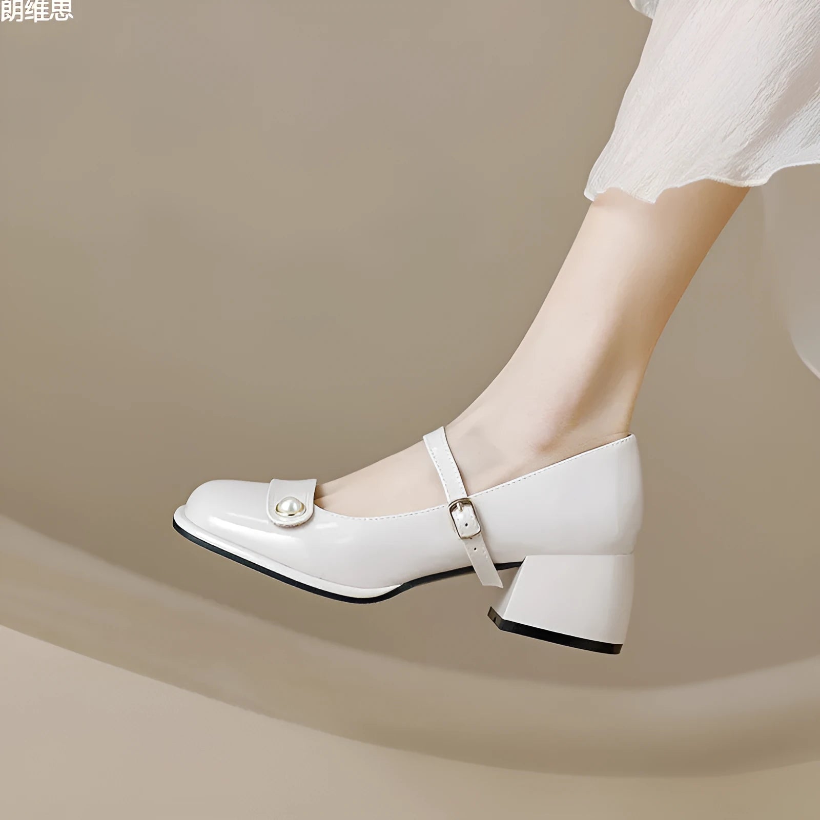 Apricot patent leather chunky heel pump with square toe and ankle buckle