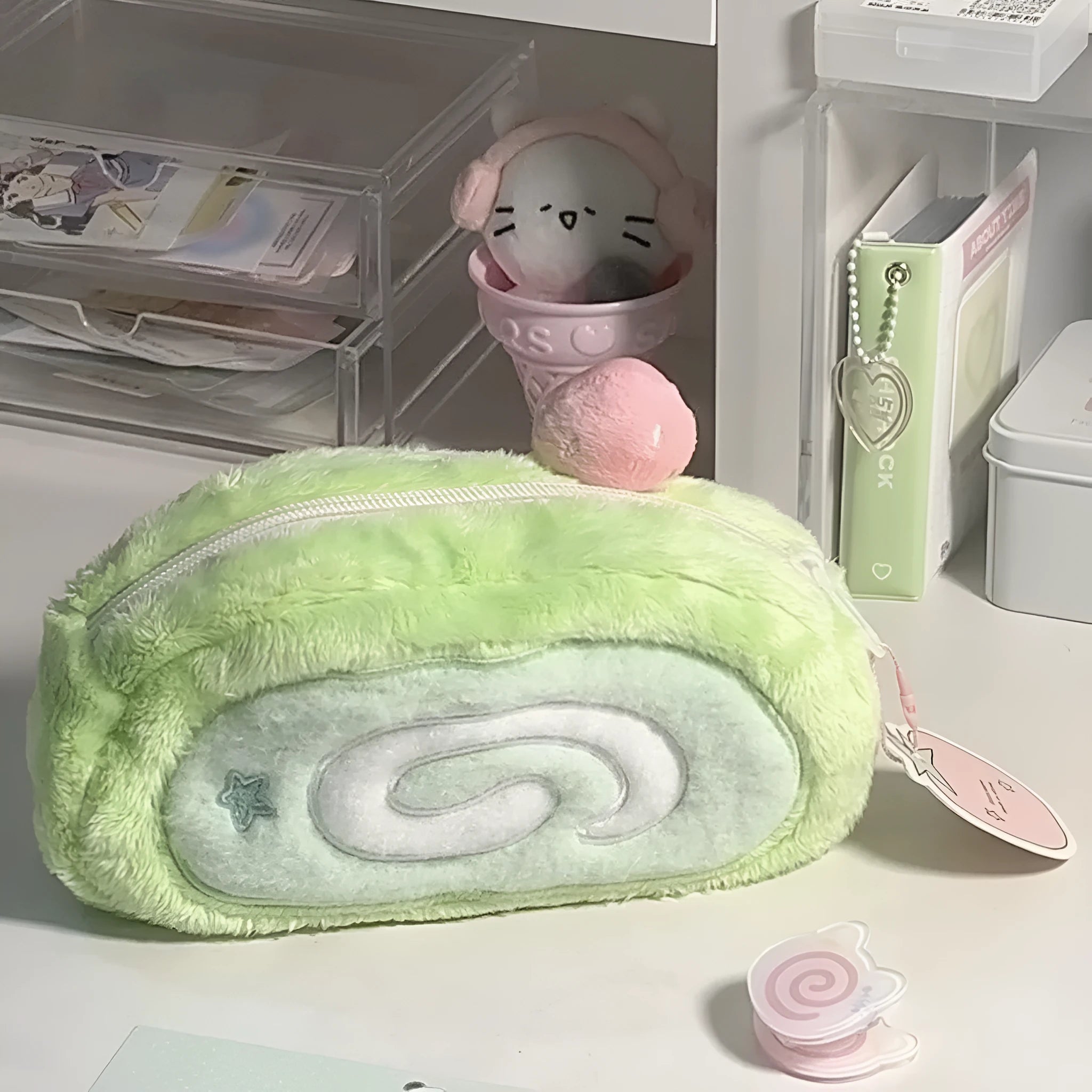 Korean style velvet pencil case designed like a swiss roll cake for stationery storage.