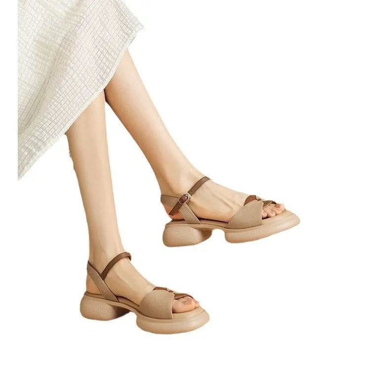 Women's khaki platform sandals with a chunky heel and open toe design on a rubber sole.