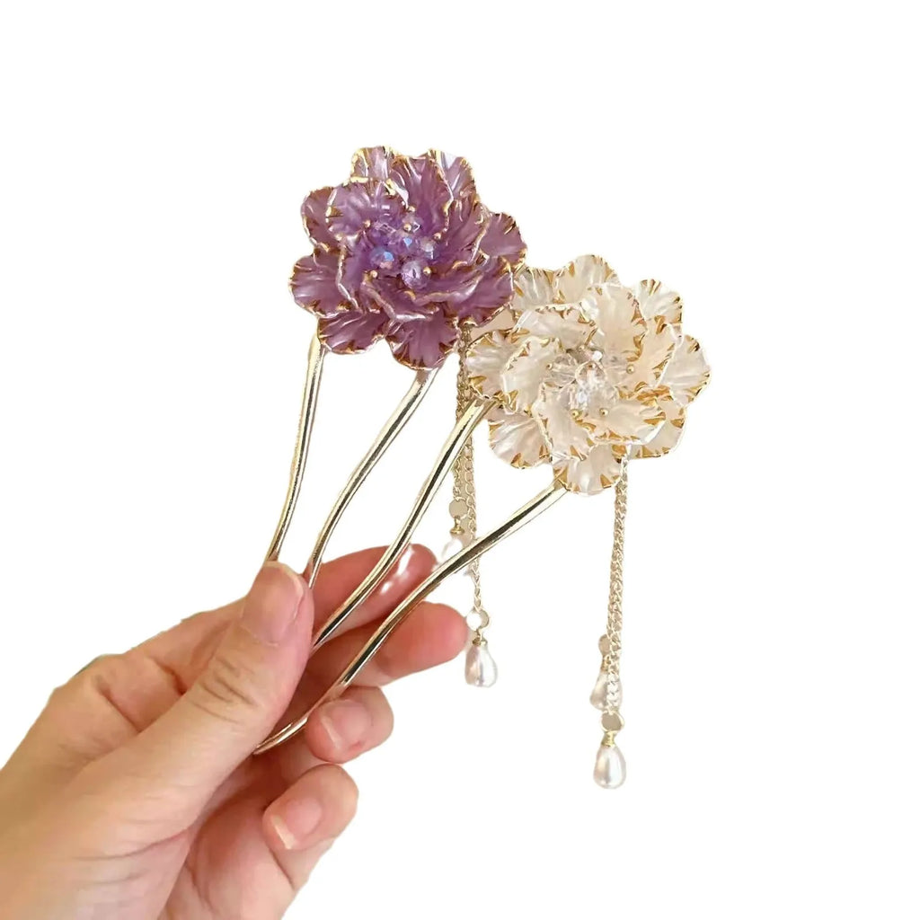 Purple and white alloy U-shaped hairpin with peony flower tassel design
