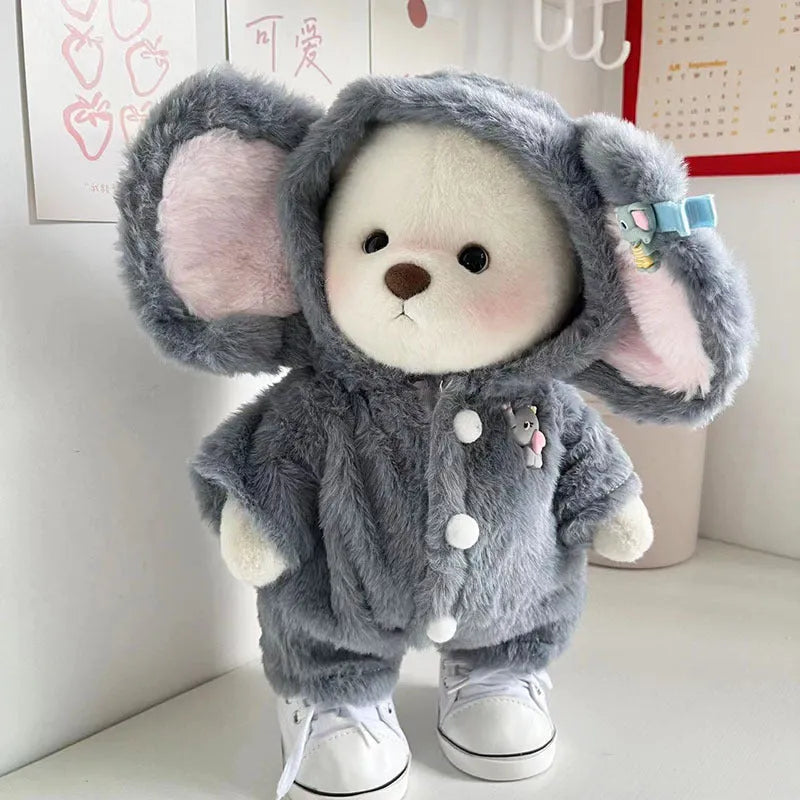 Grey elephant plush jumpsuit costume for a 30cm Lina bear doll.