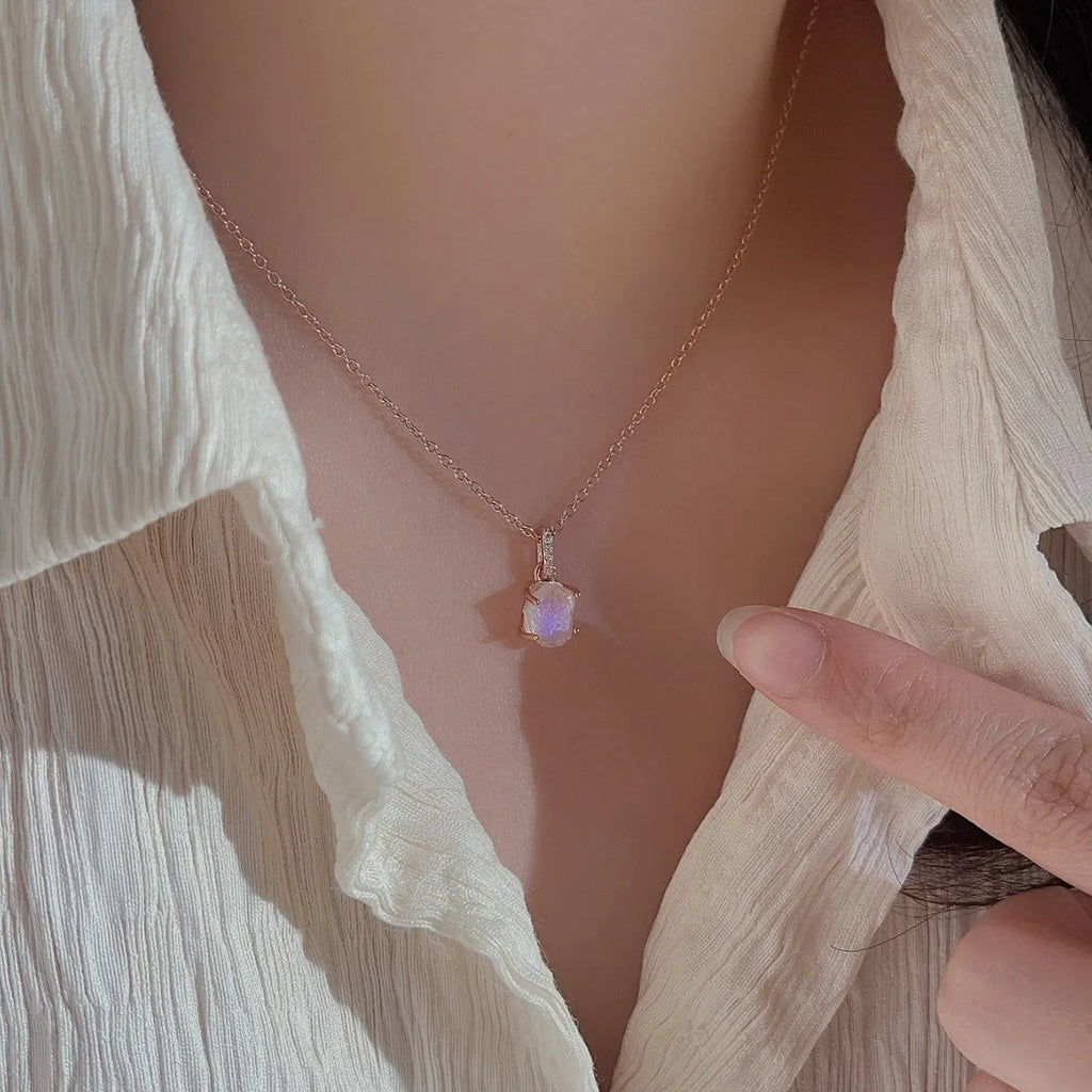Sterling silver moonstone geometric pendant necklace with adjustable curb chain in rose gold or platinum colour