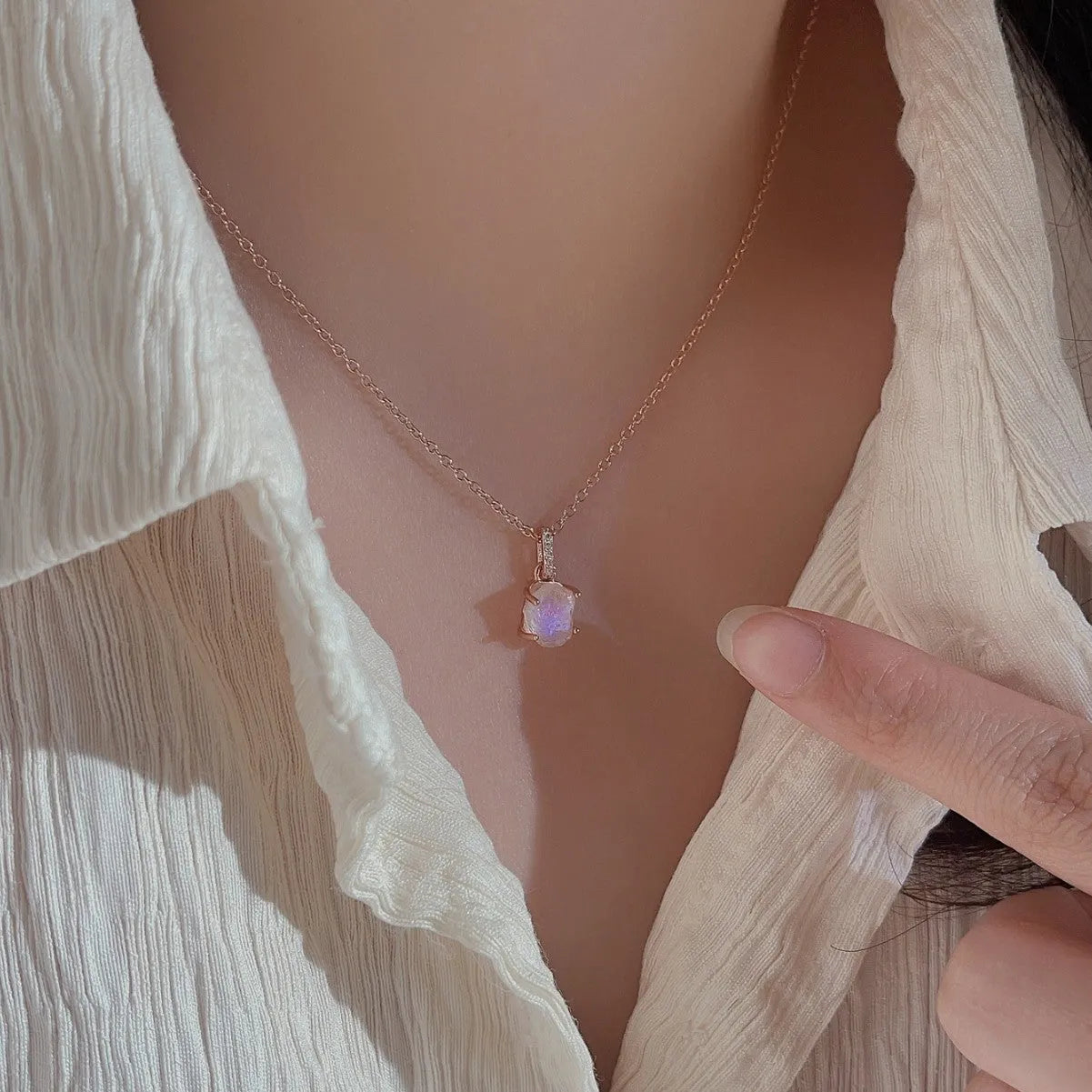 Sterling silver moonstone geometric pendant necklace with adjustable curb chain in rose gold or platinum colour