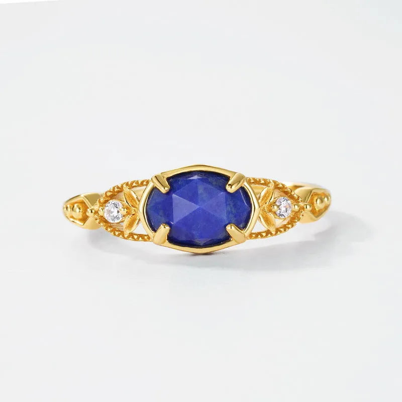 Geometric lapis lazuli silver ring with ellipse stone shape and Japanese design style