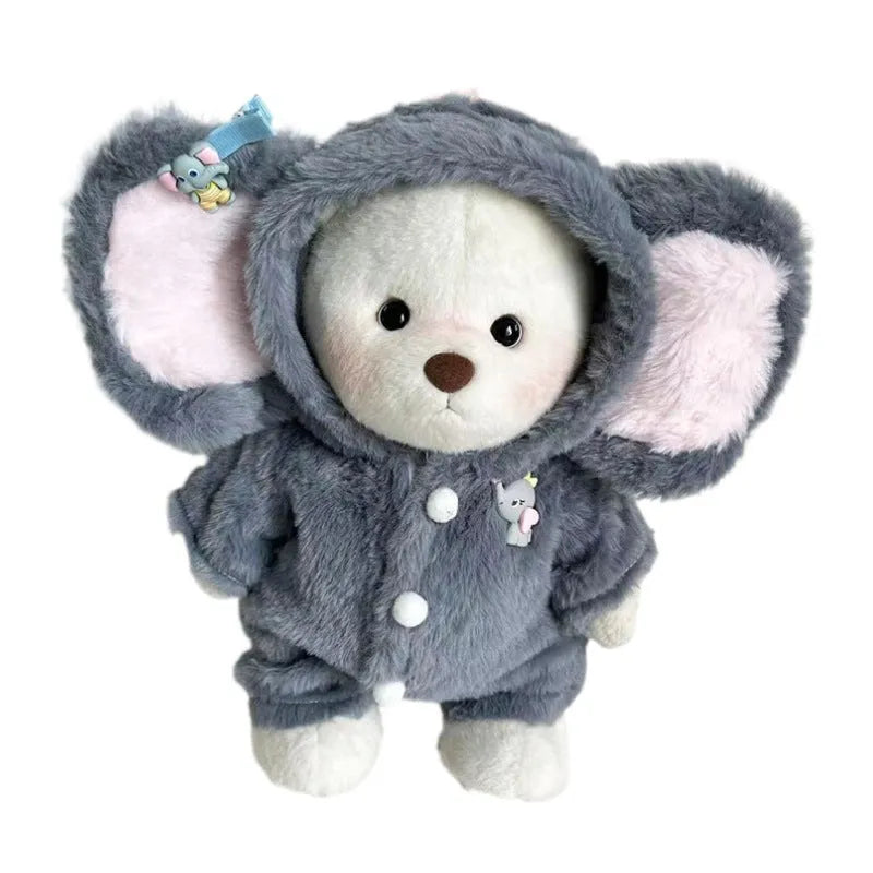 Grey elephant plush jumpsuit costume for a 30cm Lina bear doll.