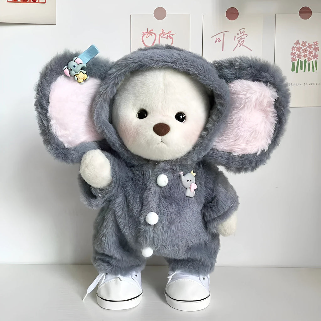 Grey elephant plush jumpsuit costume for a 30cm Lina bear doll.