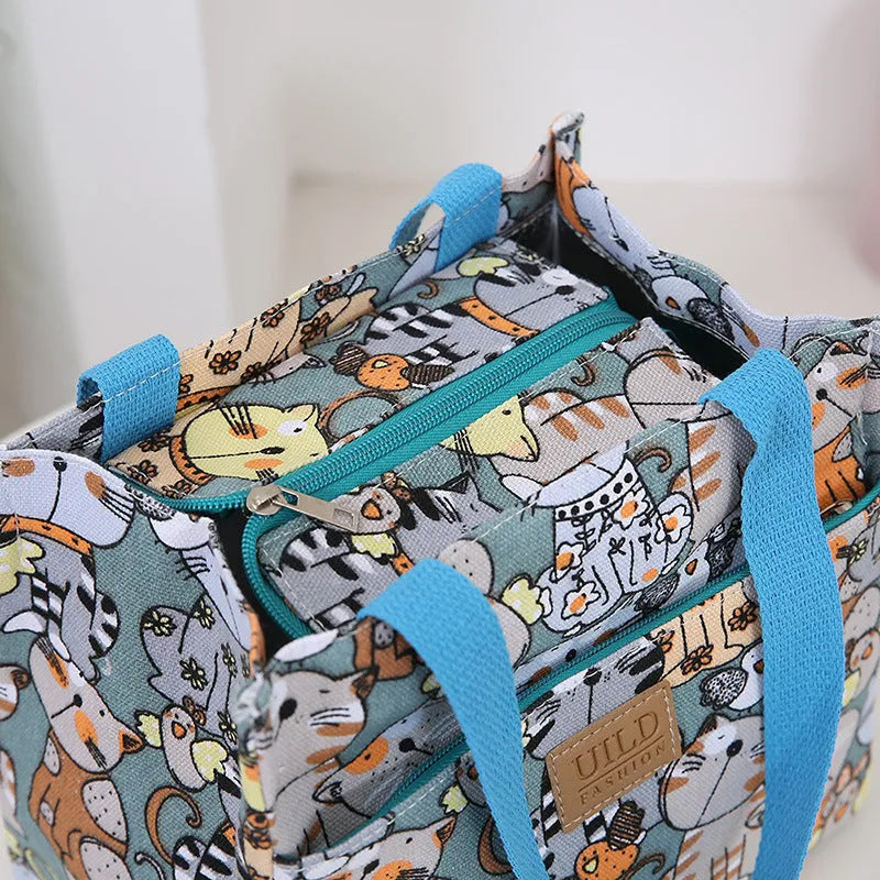 Women's printed canvas bag with aluminium handle in horizontal square design showing floral pattern option