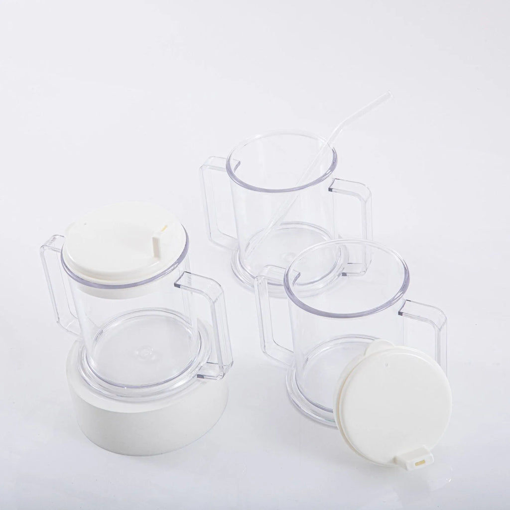 Transparent plastic drinking cup with secure lid showing dimensions and spill-proof design