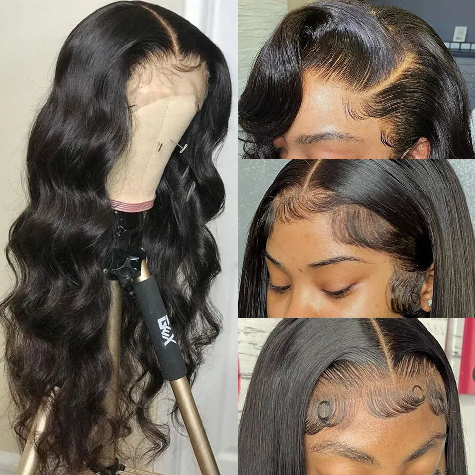 Black synthetic curly wig with front lace and side bangs, shown in long lengths.