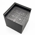 Four black circular plastic foot mats for furniture height increasing.