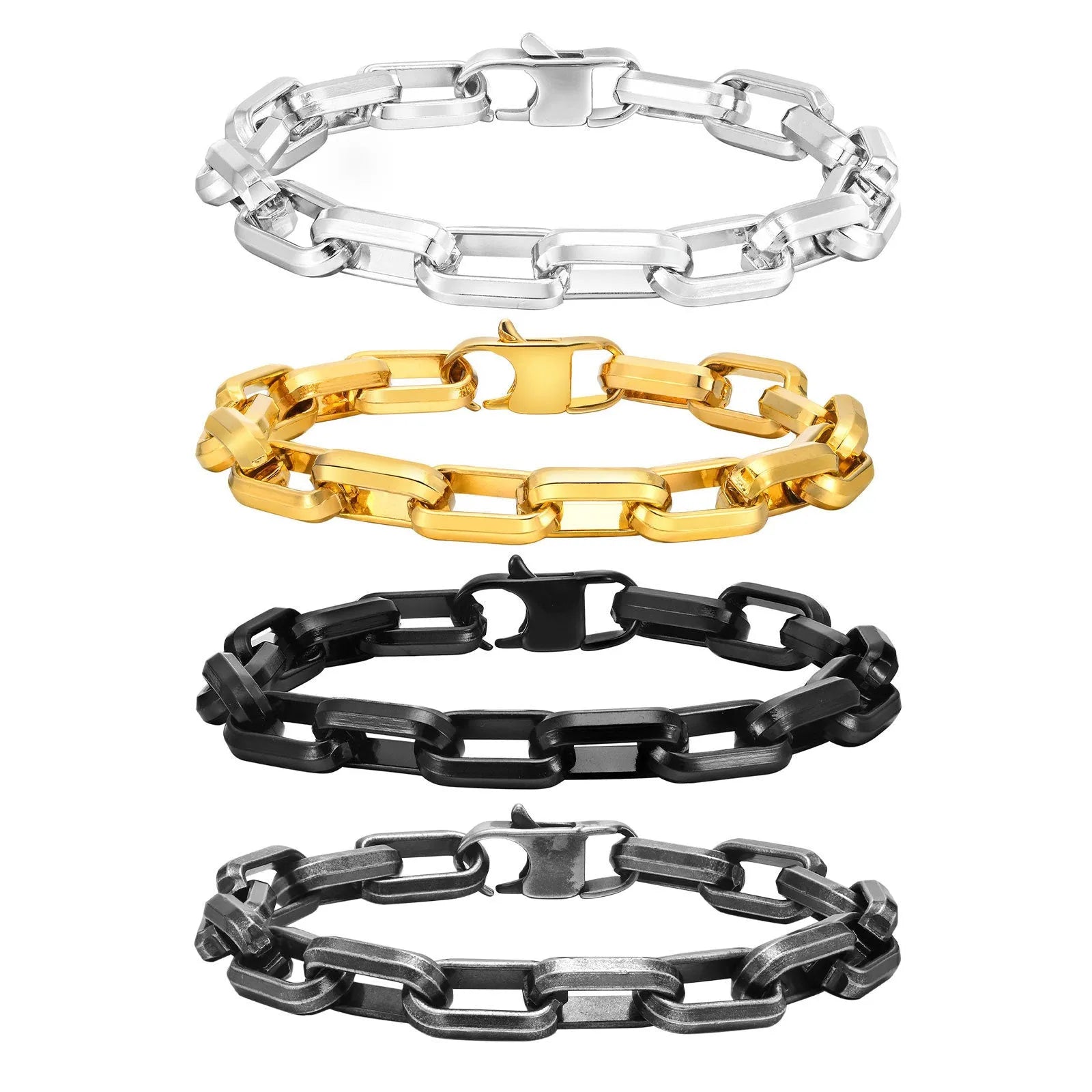 Men's simple square chain titanium steel bracelet in black, gold, retro, and steel colour options.