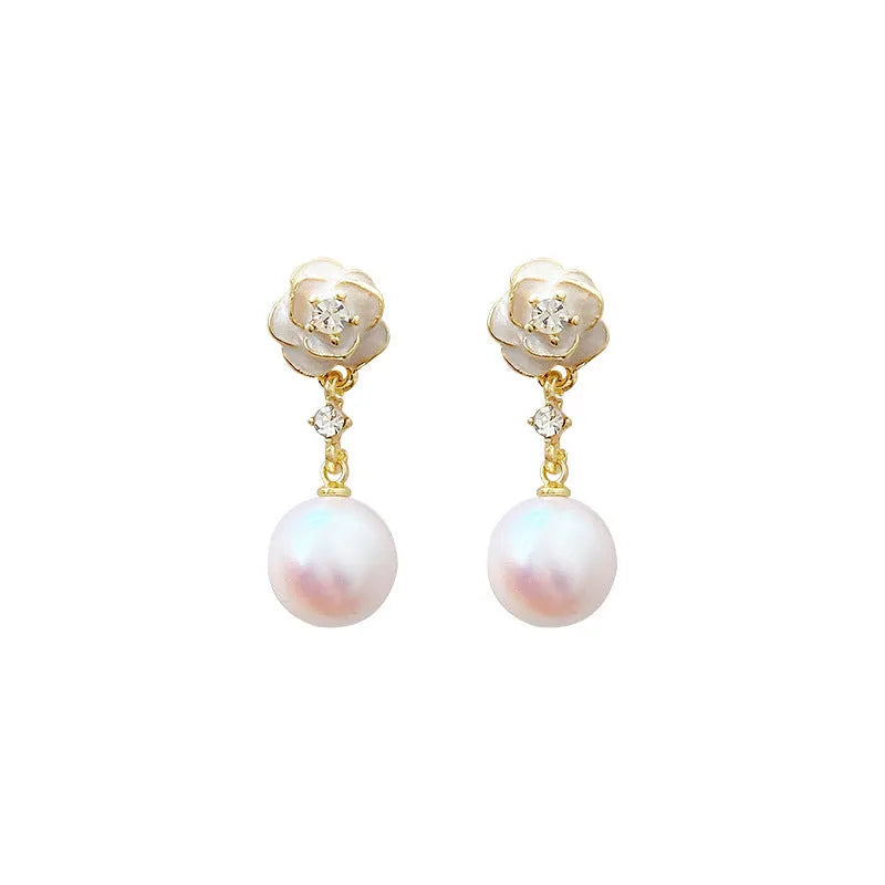 Camellia flower stud earrings with pearl centrepiece on alloy backing