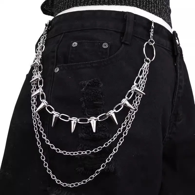 Silver metal trousers chain with double layers, zipper detail and rivet accents on 115cm adjustable chain