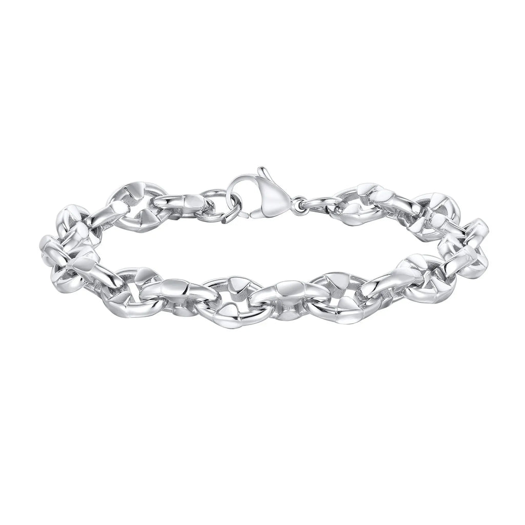 Men's thick handmade stainless steel chain bracelet with geometric links in steel colour.