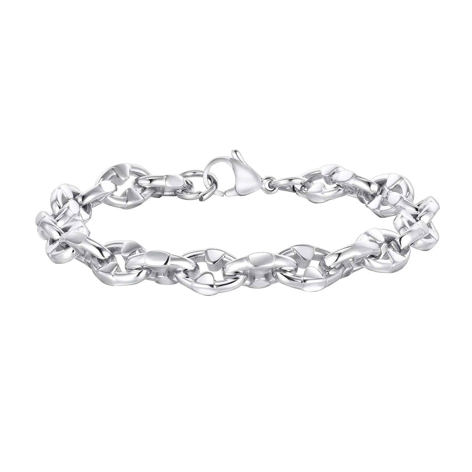 Men's thick handmade stainless steel chain bracelet with geometric links in steel colour.