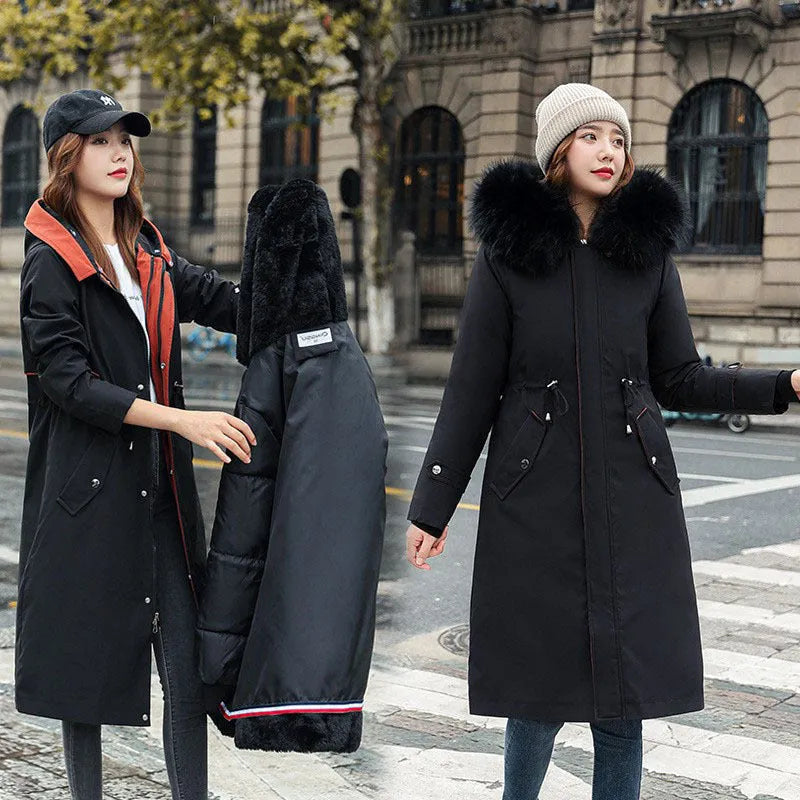 Women's long padded trench coat in polyester fleece with down cotton filler, 100cm length