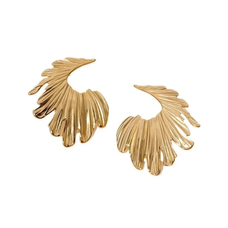 Stainless steel leaf-shaped stud earrings in gold and steel colour options