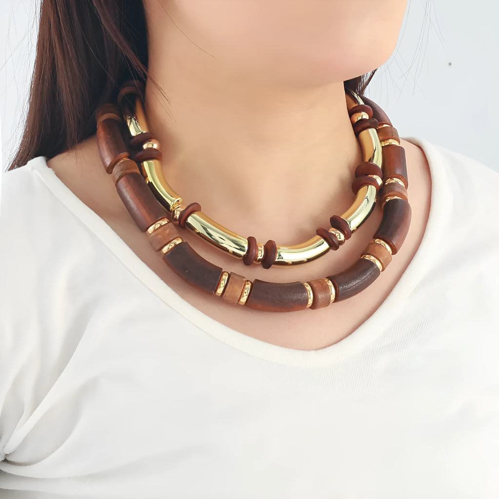 Women's multi-layer wooden necklace and bracelet set with alloy pendant and chain