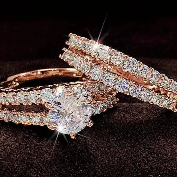 2-in-1 fully-jewelled female ring set in geometric design with diamond detailing, shown in silver, gold, and rose gold finishes