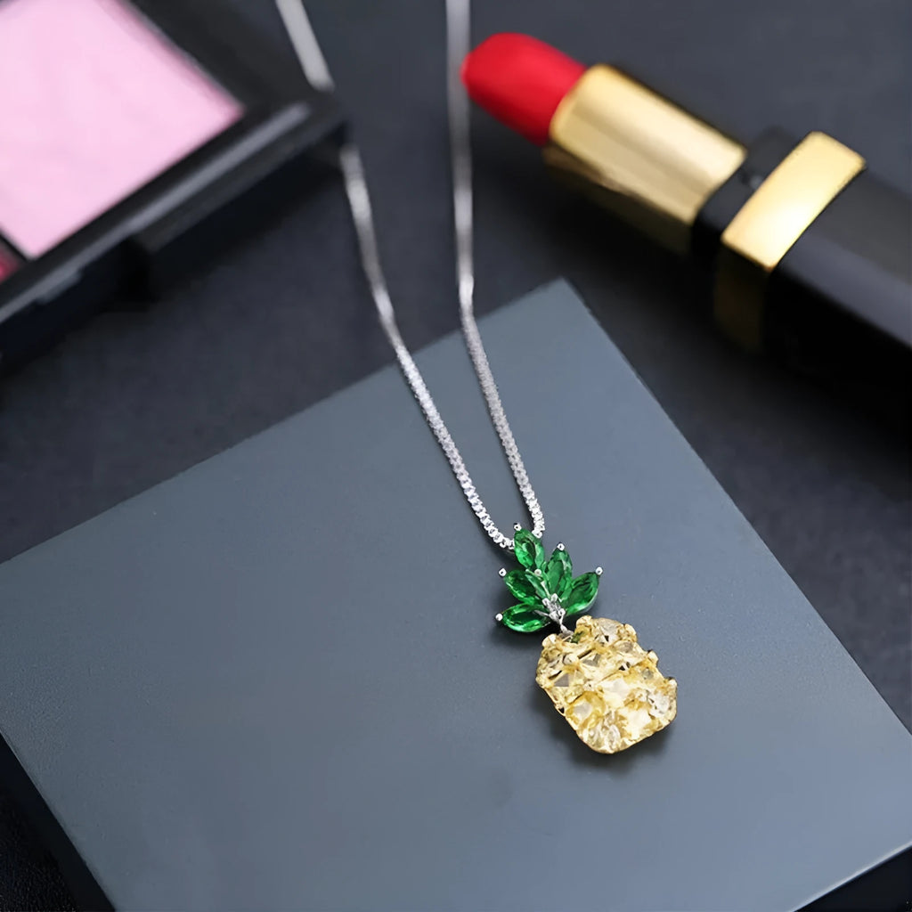Silver plated Korean fashion necklace with geometric pineapple diamond pendant for women.