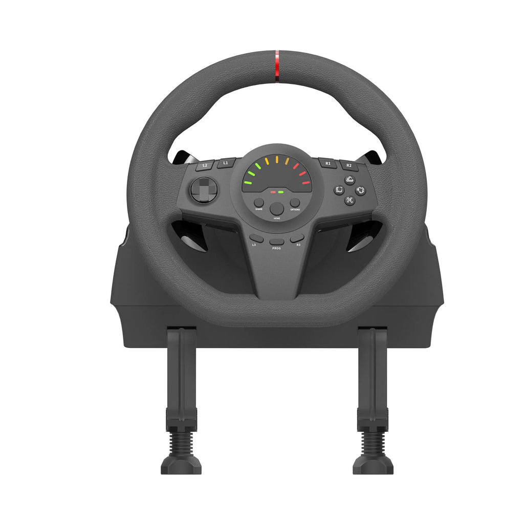 Black multi-platform steering wheel and two pedal set with manual bracket for racing games.
