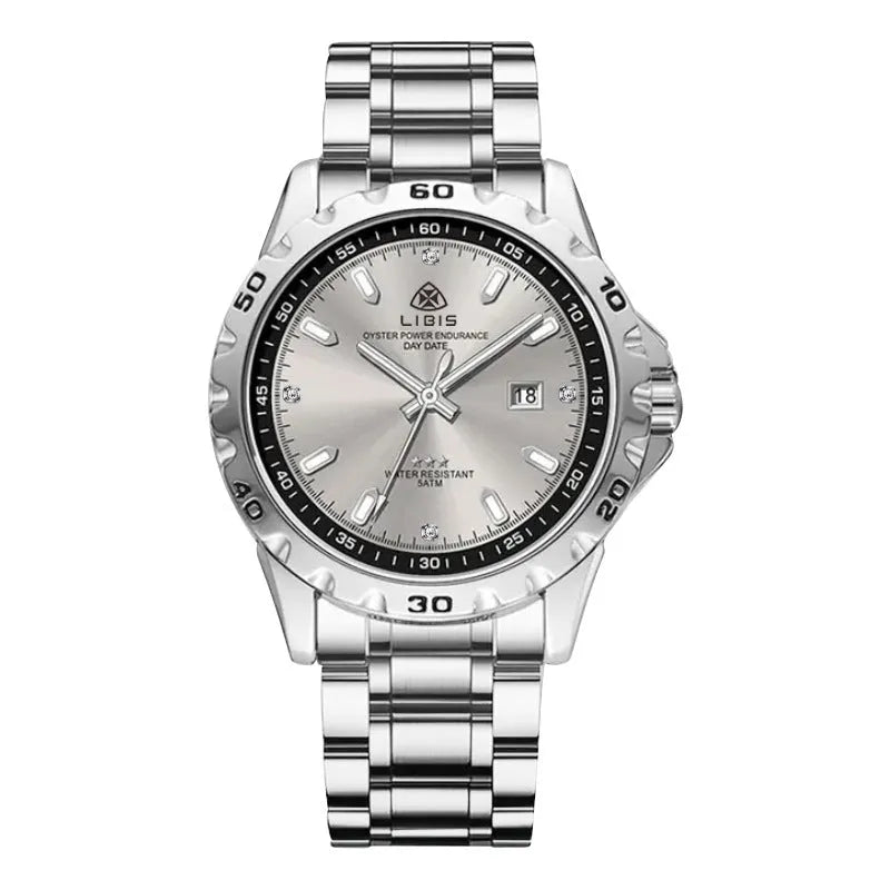 Silver case quartz watch with stainless steel strap and luminous waterproof features